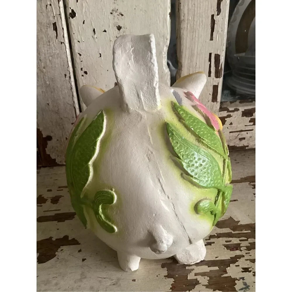 Mexico Folk Art Chalkwsre Plaster Piggy Bank Handmade 1970s Flowers